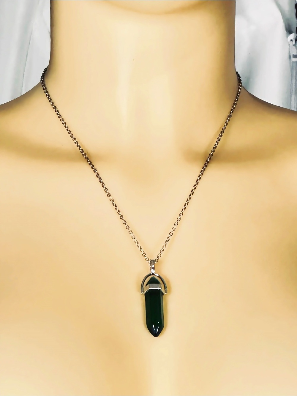 Silver Chain Necklace with Dark Green Crystal Point Pendant
